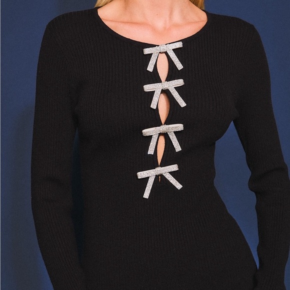 Rhinestone Bow Cutout Long Sleeve Sweater Dress - Le Lis - Picture 2 of 6